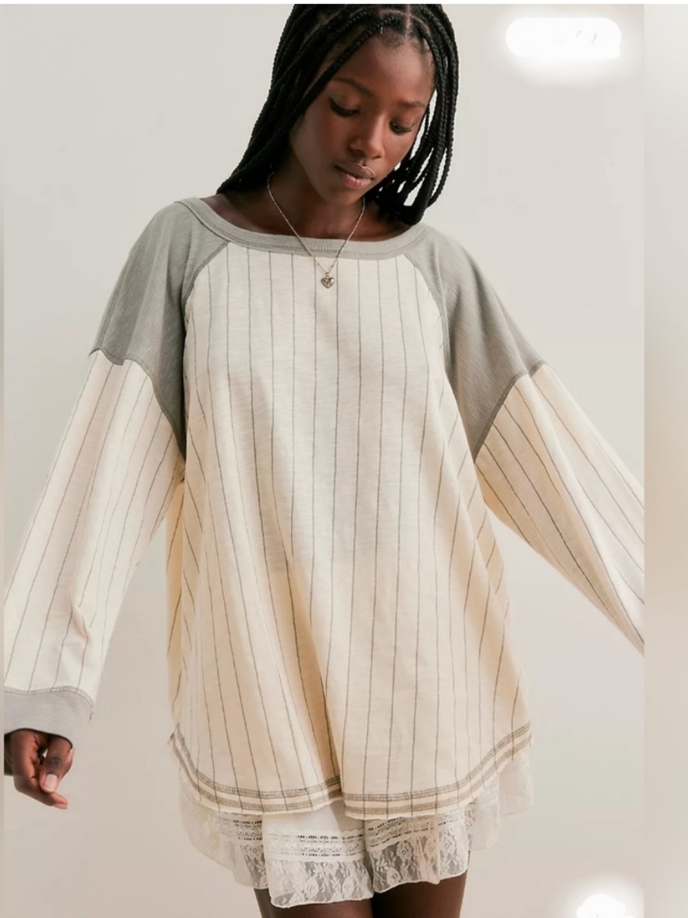 Free People intimately Ragabond Cream & Gray Pinstripe Jersey Top Size XS NWT
